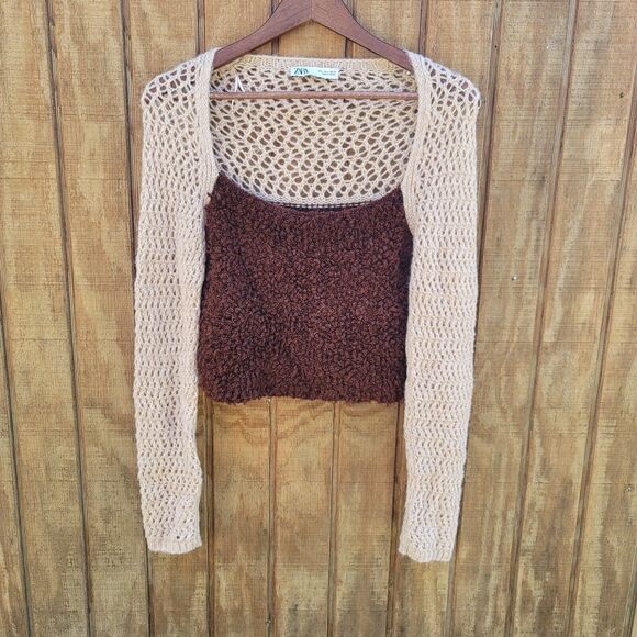 Zara Crotched Knit Fuzzy Crop Top Tan & Brown Womens Size L - Picture 1 of 10